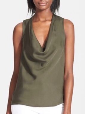THEORY Olive Cowl Neck Satin Tank Size Small